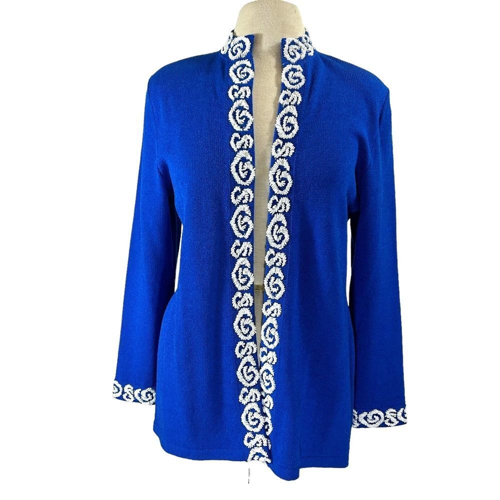 Barbara Kato Sweater Cardigan Womens M Royal Blue Beaded Open Front Vintage